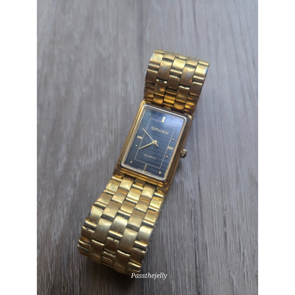 Vtg Gruen Watch Mens Tank Gold Tone Black Dial Retro Old Money